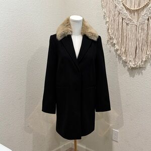 Topshop Black Trench Coat with Tan Faux Fur Collar